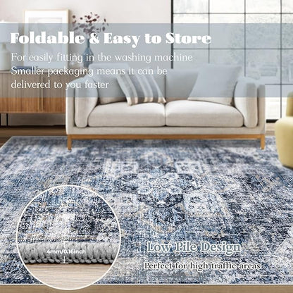 Area Rug 6x9 Washable Rug, Vintage Boho Medallion Rugs Non-Slip Soft Low Pile Large Distressed Rug Indoor Retro Carpet for Living Room Bedroom Dining Room Home Office (Blue, 6'x9')