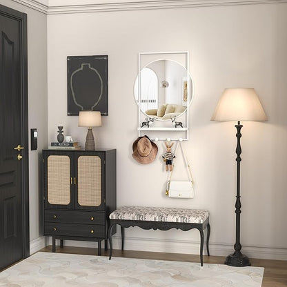 28" x 20" Entryway Mirror with Hooks, Bathroom Mirror with Shelf, Rectangular Frame Round Wall Mirror with Shelf and Hooks, Vanity Mirror Decorative for Wall(White)