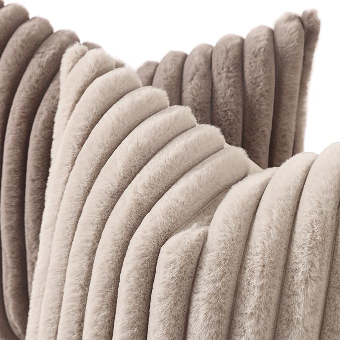 decorUhome Cozy Faux Fur Throw Pillow Covers 20x20 Set of 2 Decorative Soft Plush Striped Modern Farmhouse Boho Couch Pillow Cases with Velvet Back for Sofa Bed Living Room, Tan