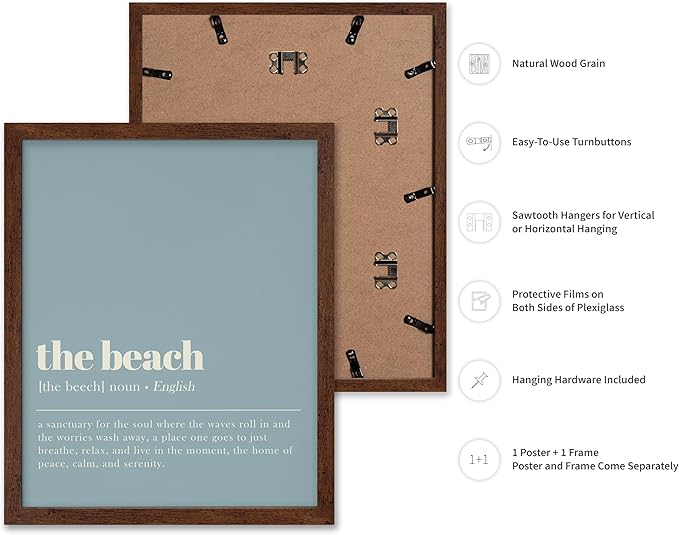 Poster Master Typography Poster - Dictionary Print - Beach Definition, Home of Peace and Calm, Sanctuary, Waves, Soul, Relax - Gift for Family, Friend - Wall Decor for Home, 8x10 Brown Framed