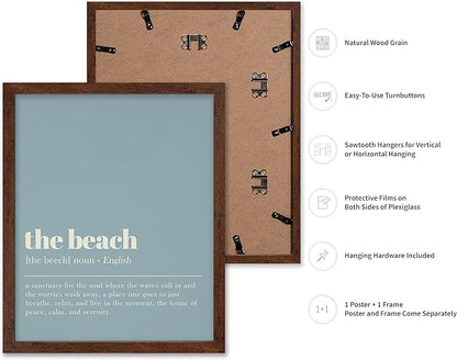 Poster Master Typography Poster - Dictionary Print - Beach Definition, Home of Peace and Calm, Sanctuary, Waves, Soul, Relax - Gift for Family, Friend - Wall Decor for Home, 8x10 Brown Framed