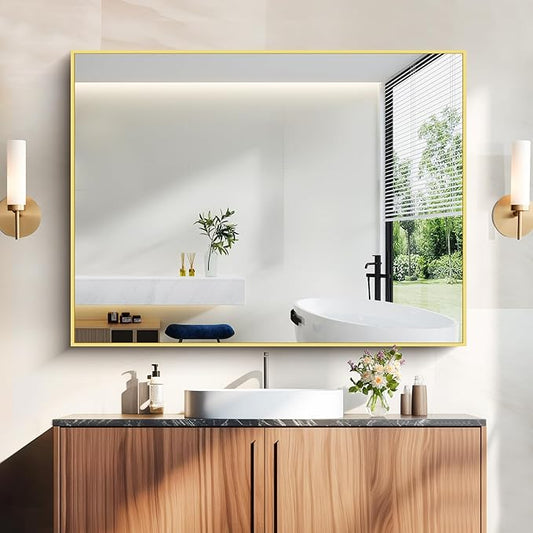 COFENY 36x48inch Bathroom Mirror, Gold Rectangle Mirror with Thin Metal Frame, Large Rectangular Wall Mirrors for Bathroom, Living Room, Hair Salon, Big Farmhouse Mirror Hang Horizontal/Vertical