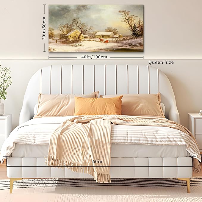 crmotu Large Landscape Wall Art, Farmhouse Wall Decor, Winter Wall Art, Snowy Farm Canvas Painting, Vintage Aesthetic Pictures for Living Room Bathroom Bedroom Kitchen Art Prints 20"X40"