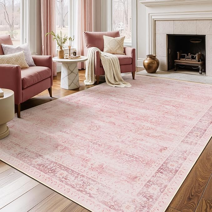 Pink Rug 5x8 for Bedroom Girls, Washable Non Slip Nursery Kids Room Rug Dorm, Aesthetic Distressed Area Rugs for Living Room, Low Pile Thin Carpet Rug for Playroom Dining Room Home Office