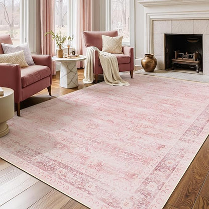 Pink Rug 5x8 for Bedroom Girls, Washable Non Slip Nursery Kids Room Rug Dorm, Aesthetic Distressed Area Rugs for Living Room, Low Pile Thin Carpet Rug for Playroom Dining Room Home Office