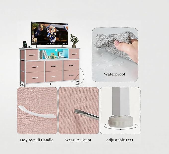 Simple Deluxe TV Stand Dresser with 8 Fabric Drawers and Open Shelves, Entertainment Center with LED Lights & Charging Station, Wood Top for 45" -55" TV, for Bedroom/Living Room/Hallway, Pink