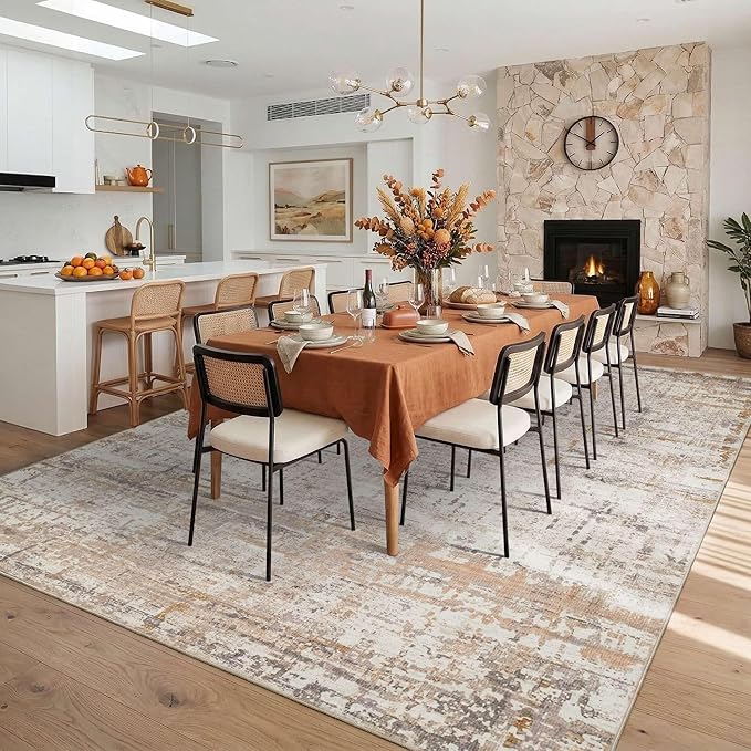 Rugxara 10x14 Extra Large Washable Area Rug, Soft Abstract Vintage Rug for Living Room, Bedroom, Office, Farmhouse, Low Pile Imitation Wool Non Slip Carpet Ideal for High-Traffic Areas, Beige Grey