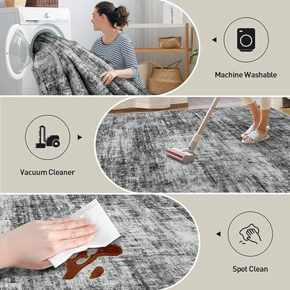 5x7 Area Rugs Washable Rug: Modern Abstract Living Room Rug Soft Anti-Skid Thin Carpet Indoor Floor Non-Shedding Carpets for Bedroom Dining Room Farmhouse Nursery Home Office - Black