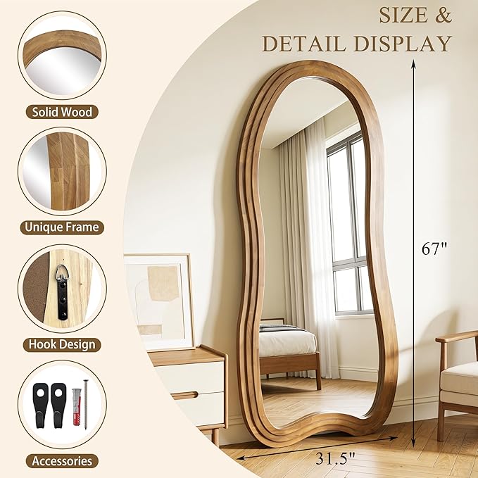 Irregular Floor Mirror, 67"x31.5" Large Wavy Mirrors with Triple Layer Solid Wood Frame, Premium Asymmetrical Full Length Mirror for Living Room Entryway Hallway Bedroom, Leaning/Hanging
