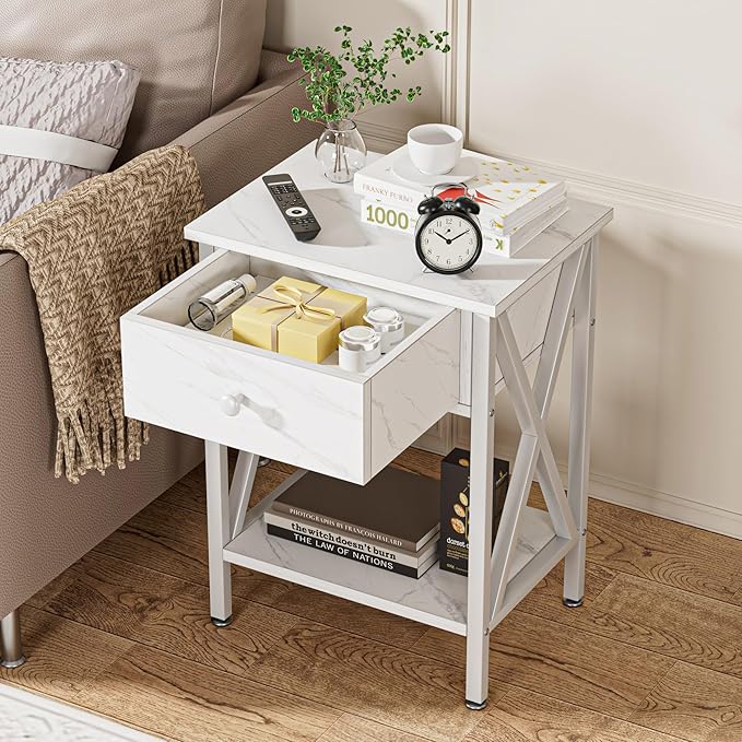 VECELO Nightstand,Modern Bedside End Table, Night Stand with Drawer and Storage Shelf for Living Room Bedroom, Industrial Metal Frame