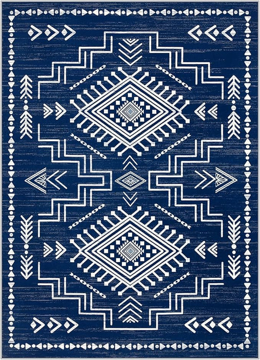Joydeco Moroccan Rug 8x10 for Living Room, Navy Blue Washable Area Rugs for Bedroom, Low Pile Western Modern Carpet for Dining Room Table, Distressed Aztec Soft Carpet for Office Home Decor