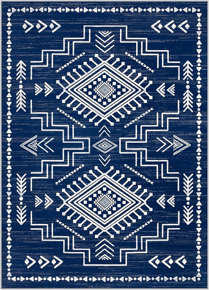 Joydeco 6x9 Moroccan Living Room Rugs, Navy Blue Washable Modern Area Rug for Bedroom, Western Low Pile Non Shedding Distressed Aztec Dining Room, Aztec Soft Non Slip Carpet for Office Home Decor