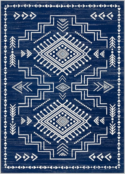 Joydeco 6x9 Moroccan Living Room Rugs, Navy Blue Washable Modern Area Rug for Bedroom, Western Low Pile Non Shedding Distressed Aztec Dining Room, Aztec Soft Non Slip Carpet for Office Home Decor