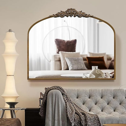 36''x29'' Antique Gold Arched Wall Mirror with Metal Flower Carving Frame, Small Vintage Retro Baroque Mirror Ornate, Vanity Mirror for Bathroom, Fireplace,Entryway, Living Room (Vintage Gold,)