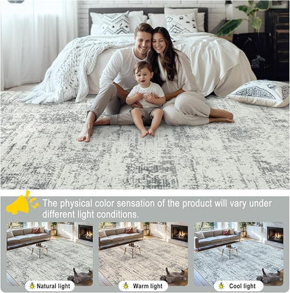 Area Rugs 10x12 Living Room - Washable Rug Modern Abstract Soft Large Neutral Non-Slip Carpet Indoor Floor Thin Carpets for Bedroom Dining Room Farmhouse Nursery Home Office Grey