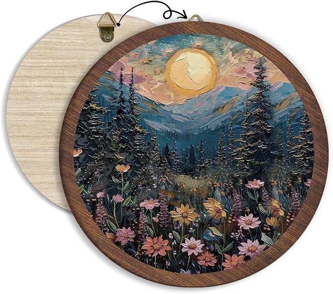 Full Moon Forest Hanging Wall Decor, Moonlit Pine Tree forest Round Wooden Wall Art, Mountains Wildflowers Woodland Nature Landscape Artwork for Home Living Room Bedroom Bathroom Kitchen Office, 08