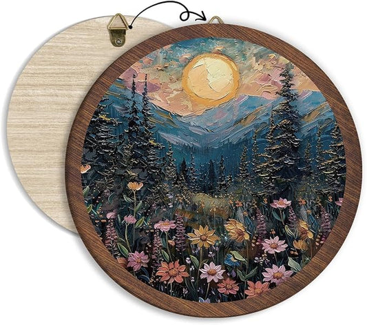 Full Moon Forest Hanging Wall Decor, Moonlit Pine Tree forest Round Wooden Wall Art, Mountains Wildflowers Woodland Nature Landscape Artwork for Home Living Room Bedroom Bathroom Kitchen Office, 08