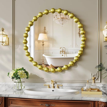 Round Vanity Mirror for Wall, 24 Inch Beaded Frame Circle Mirror for Bathroom, Bedroom Dresser, Entryway, Living Room, Decorative Hanging Wall Mirror, Gold