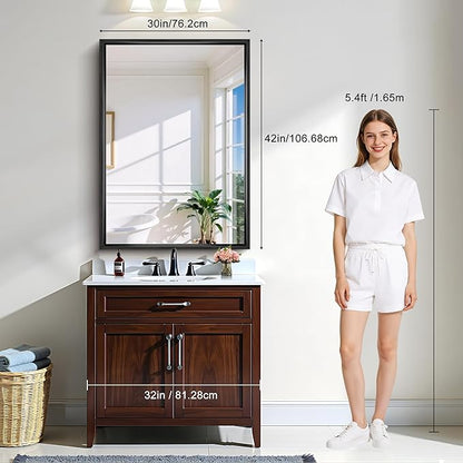 CIRCUMI 30"x42" Brushed Black Mirror with Chunky Box Metal Frame, Bathroom Mirror for Vanity Remodel & New Home, Living Room, Entryway, Rectangular Wall Mirror, Tempered Glass, Vertical or Horizontal