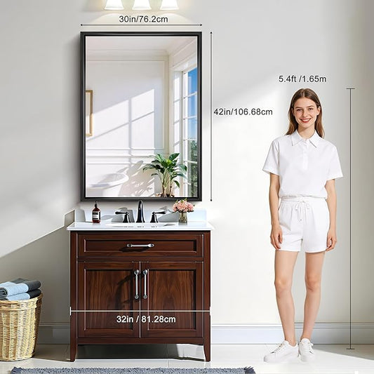 CIRCUMI 30"x42" Brushed Black Mirror with Chunky Box Metal Frame, Bathroom Mirror for Vanity Remodel & New Home, Living Room, Entryway, Rectangular Wall Mirror, Tempered Glass, Vertical or Horizontal