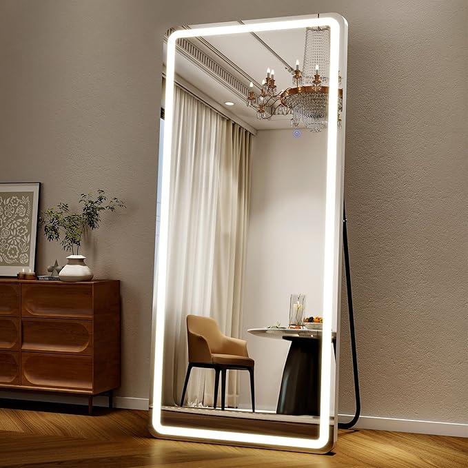 Easly 26x68 inch Full Length Mirror with Lights, LED Lighted Floor Standing, Hanging Mirror Full Length with Stand Free, Full Body Dressing Mirrors with Dimmable 3 Color LED