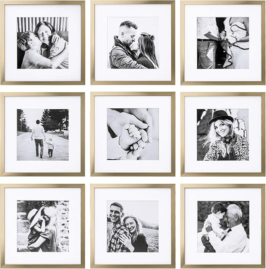 ArtbyHannah Square Picture Frame, Gold Gallery Wall Frame Set Display Pictures 8x8 inch with Mat or 12x12 inch Without Mat, Wall Hanging Photo Frame for Living Room or Staircase Decoration (9 Pack)
