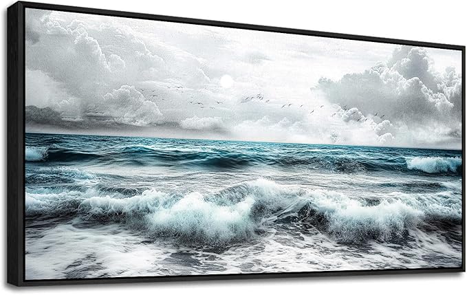 ERQINHUA Black And White Beach Canvas Wall Art For Living Room Wall Decoration For Bedroom Office Decor Blue Sea Wave Pictures Modern Hotel Room Home Decor Wall Painting Black Framed 20x40 In