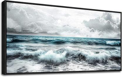 ERQINHUA Black And White Beach Canvas Wall Art For Living Room Wall Decoration For Bedroom Office Decor Blue Sea Wave Pictures Modern Hotel Room Home Decor Wall Painting Black Framed 20x40 In