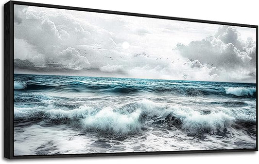 ERQINHUA Black And White Beach Canvas Wall Art For Living Room Wall Decoration For Bedroom Office Wall Decor Blue Sea Wave Printing Pictures Artwork Home Decor Painting Black Framed 24x48 In