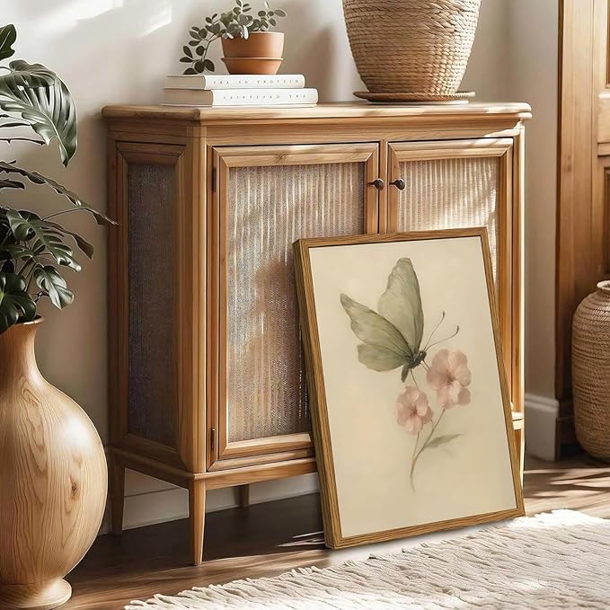 Framed Vintage Wall Art, Butterfly and Pink Floral Pictures Wall Decor, Retro Flower Moth Painting Canvas Prints Cottagecore Home Decor Aesthetic for Living Room Bedroom Bathroom 16x24 inch
