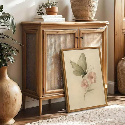 Framed Vintage Wall Art, Butterfly and Pink Floral Pictures Wall Decor, Retro Flower Moth Painting Canvas Prints Cottagecore Home Decor Aesthetic for Living Room Bedroom Bathroom 12x16 inch