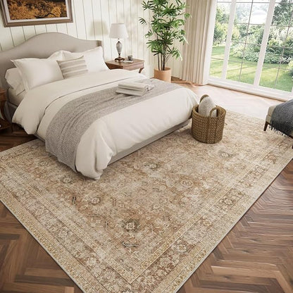 Washable 8x10 Area Rugs for Living Room, Boho Non-Slip Vintage Distress Large Rugs for Bedroom Dining Room Nursery Office, 0.3" Neutral Oriental Throw Thin Carpet, Brown/Multi, C1