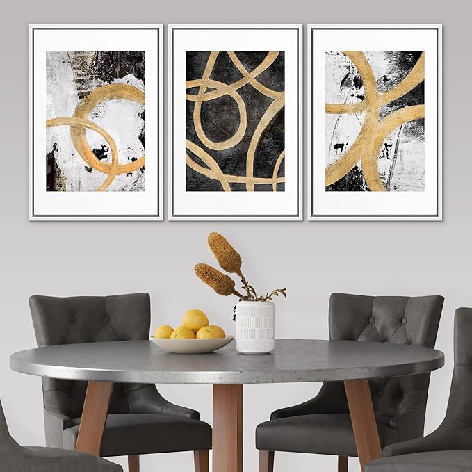 SIGNLEADER Framed Canvas Print Wall Art Set Gold Black Circle Ring Spiral Collage Abstract Shapes Illustrations Modern Art Decorative Contemporary for Living Room, Bedroom, Office - 24"x36"x3 WHITE
