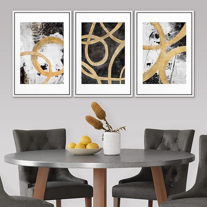SIGNLEADER Framed Canvas Print Wall Art Set Gold Black Circle Ring Spiral Collage Abstract Shapes Illustrations Modern Art Decorative Contemporary for Living Room, Bedroom, Office - 16"x24"x3 WHITE