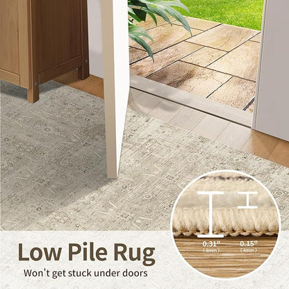 Rugxara 9x12 Area Rugs for Living Room Bedroom, Large Washable Rug, Beige Vintage Retro Boho Rug, Non Slip & Low Pile Faux Wool Carpet for Indoor Dining Room and Kids Room(Beige 9x12ft)