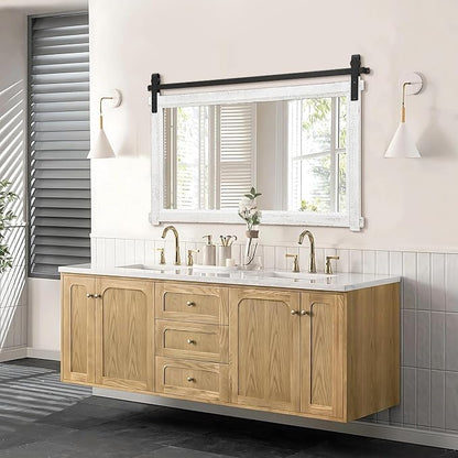 Besdomus Large Bathroom Farmhouse Mirror: 42"x28" White Barn Door Farmhouse Solid Cedar Wood Frame - Rustic Wall Decorative Mirror for Entryway/Living Room/Bathroom Redo - Home Decor for Housewife