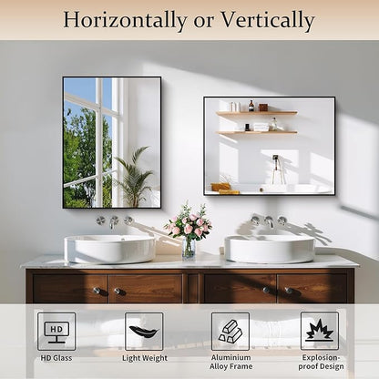 COFENY Black Bathroom Mirror for Wall, 18x24 Inch Rectangle Mirror with Metal Frame, Modern Vanity Mirrors for Bathroom Living Room, Entryway Hangs Horizontal or Vertical