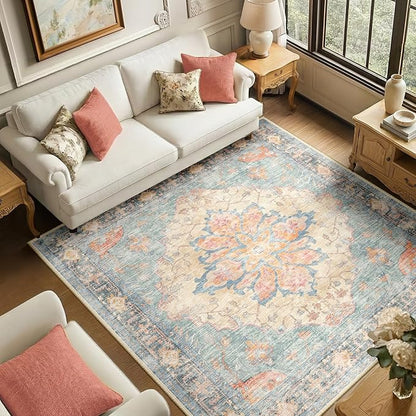 RELEANY Area Rugs Square 6ft Washable Non-Slip, Floral Vintage Distress Print Pattern Medallion Carpet for Living Room Bedroom Dining Room, Blue Orange Red