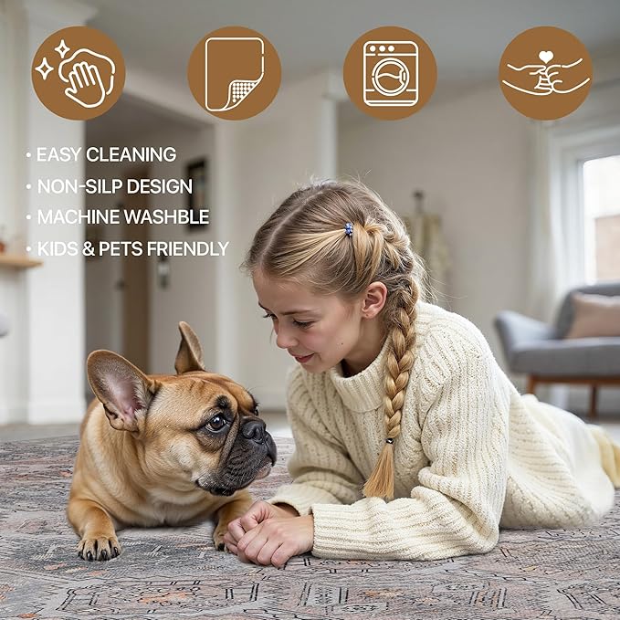 Bavni Washable Rug 8x10 Area Rug for Living Room Bedroom Dining, Washable Vintage Print Carpet, Ultra-Thin Chenille Low Pile Lightweight Rug with Non Slip Backing, Retro Grey