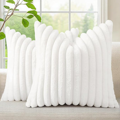 decorUhome Summer Cozy Faux Fur Throw Pillow Covers 16x16 Set of 2 Decorative Soft Plush Striped Modern Farmhouse Boho Couch Pillow Cases with Velvet Back for Sofa Bed Living Room, White