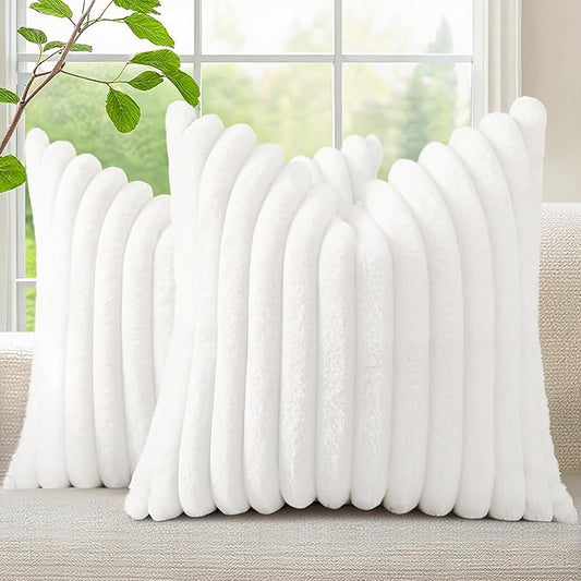 decorUhome Summer Cozy Faux Fur Throw Pillow Covers 26x26 Set of 2 Decorative Soft Plush Striped Modern Farmhouse Boho Couch Euro Sham Pillow Cases with Velvet Back for Sofa Bed Living Room, White
