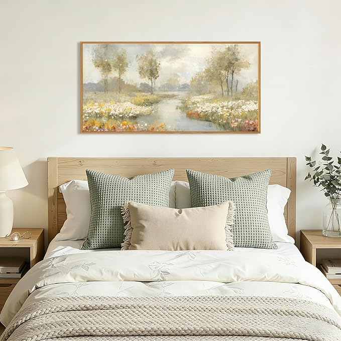 HPNIUB Watercolor Green Landscape Framed Wall Art Set,Nature Wildflowers Wall Decor,Vintage Colorful Floral Art Print, Wilderness Tree Scenery Artwork for Living Room, Bedroom,Office-20 x40