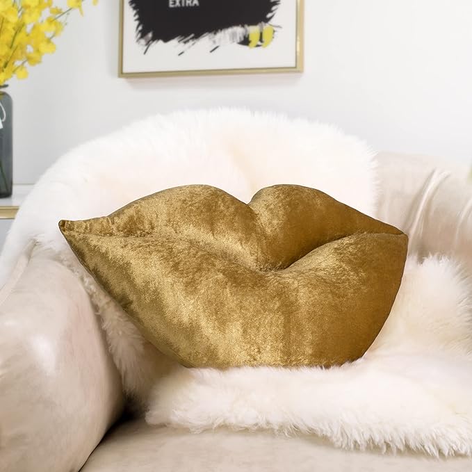 AELS 3D Large Lips Throw Pillows Smooth Soft Velvet Decorative Throw Pillows Love Pillows Cute Pillow 24 X 12 inches for Couch Sofa Bed Living Room Bedroom, Gold