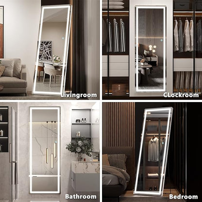 Hasipu Full Length Mirror with Lights, 61" x 22" LED Floor, Full Body Dressing Standing, Hanging Mounted Mirror, Round White
