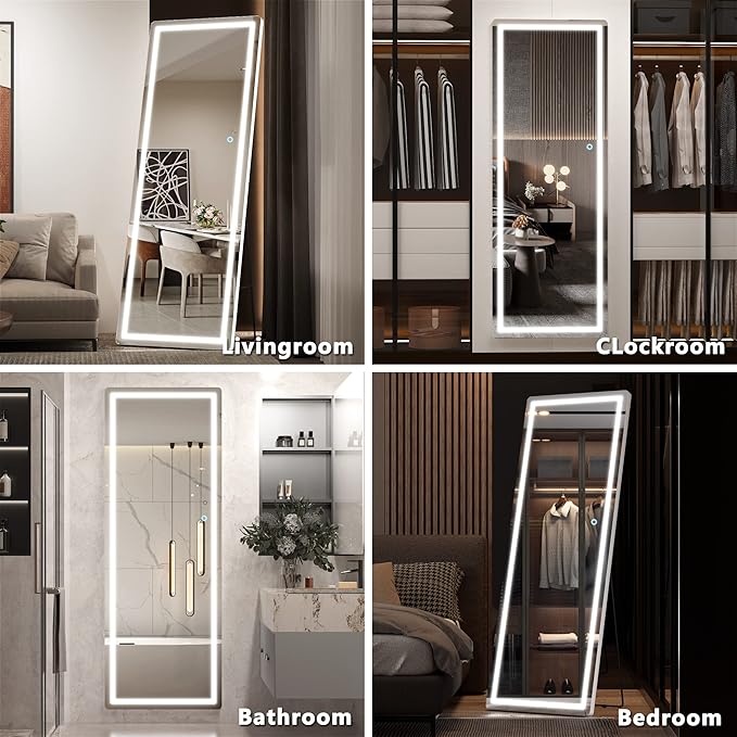 Hasipu Full Length Mirror with Lights, 65" x 22" LED Floor, Full Body Dressing Standing, Hanging Mounted Mirror, Round White