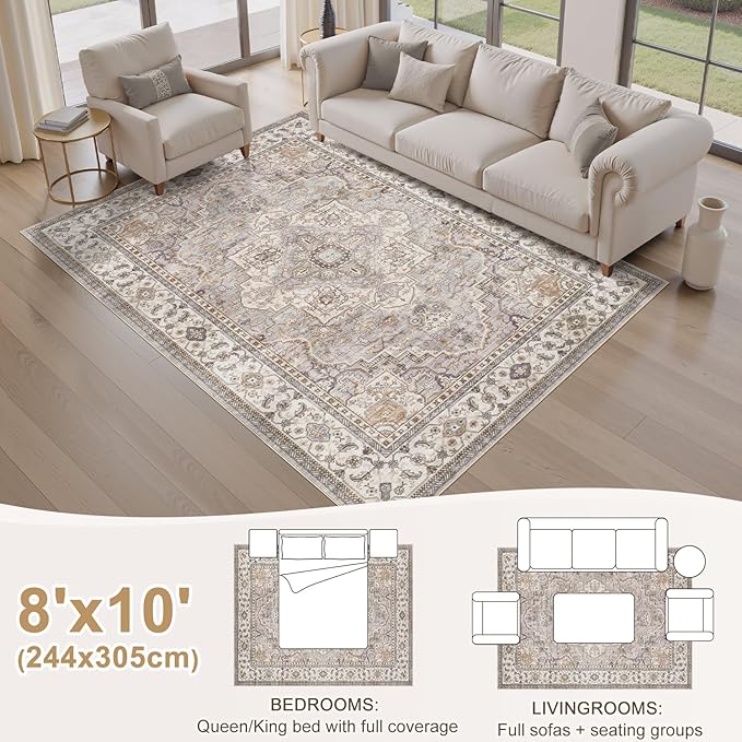 EIEIHOUSE Washable Area Rugs for Living Room - 8x10 Neutral Vintage Distressed Floral Farmhouse Boho Large Soft Floor Rug Indoor Non Slip Carpet for Bedroom Dining Room Office - Grey Brown