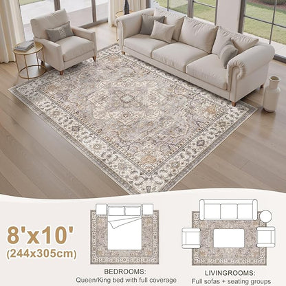 EIEIHOUSE Washable Area Rugs for Living Room - 8x10 Neutral Vintage Distressed Floral Farmhouse Boho Large Soft Floor Rug Indoor Non Slip Carpet for Bedroom Dining Room Office - Grey Brown