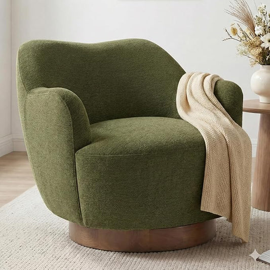Swivel Accent Chair,Upholstered Barrel Chair with Curves Camel Back Design,Modern Arm Chair with Wooden Base for Living Room Bedroom Reading Waitingroom,Green