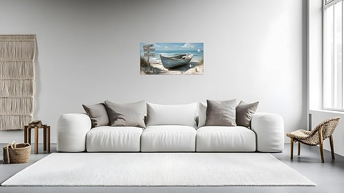 TutuBeer 1 Panel Coastal Bathroom Canvas Wall Art Nautical Boat on Beach Canvas Picture Ocean Seagull Seascape Prints for Wall Sea Bird Farmhouse Artwork for Bedroom Living Room Decor 12"x24"