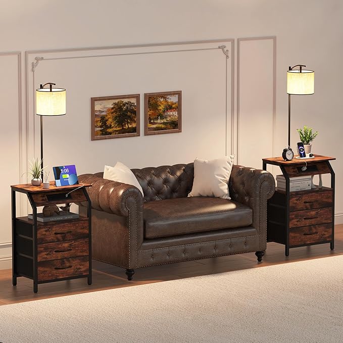 End Table with Floor Lamp Set of 2, Nightstand with Charging Station, Floor Lamp Table with 3-Color Temperature Bulb, Bedside Table Night Stand with 3 Drawers for Bedroom, Living Room, Retro